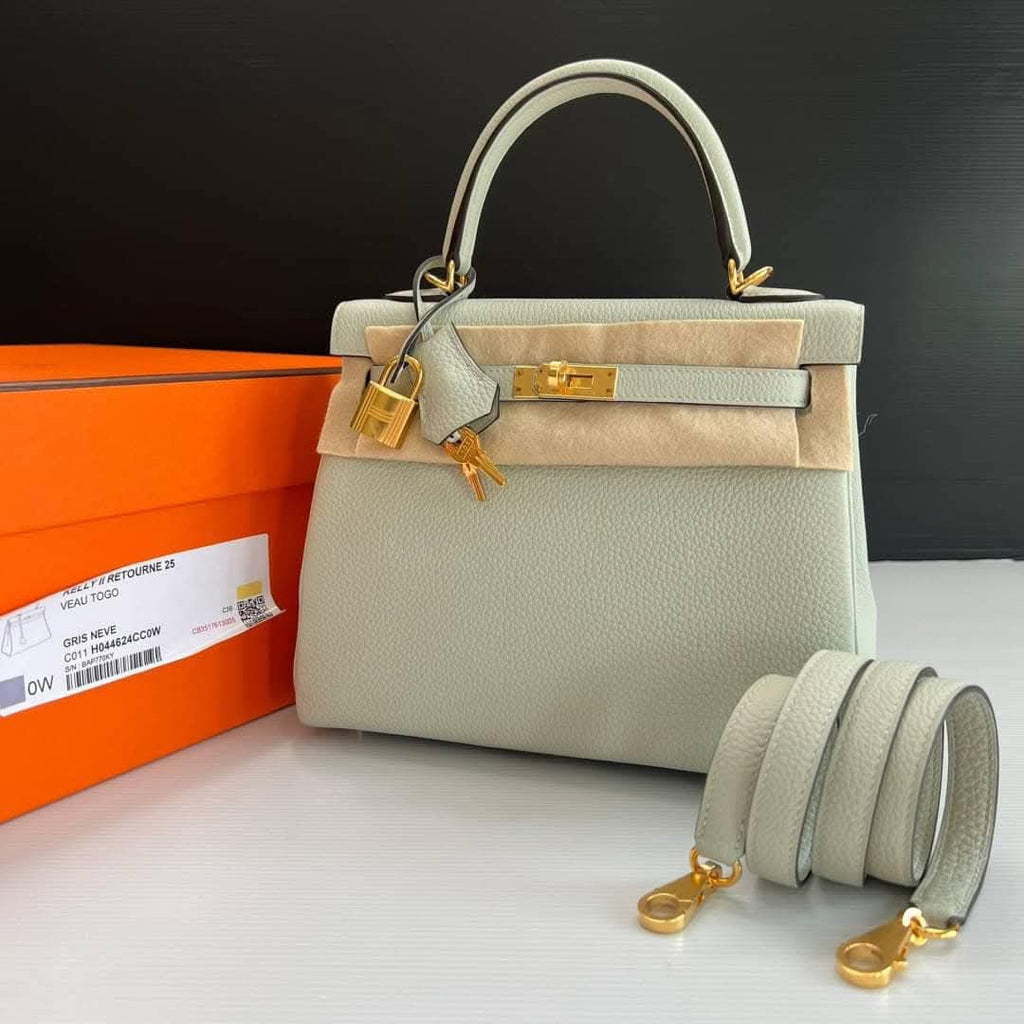 New Hermes Kelly 25 Togo Gris Neve GHW
