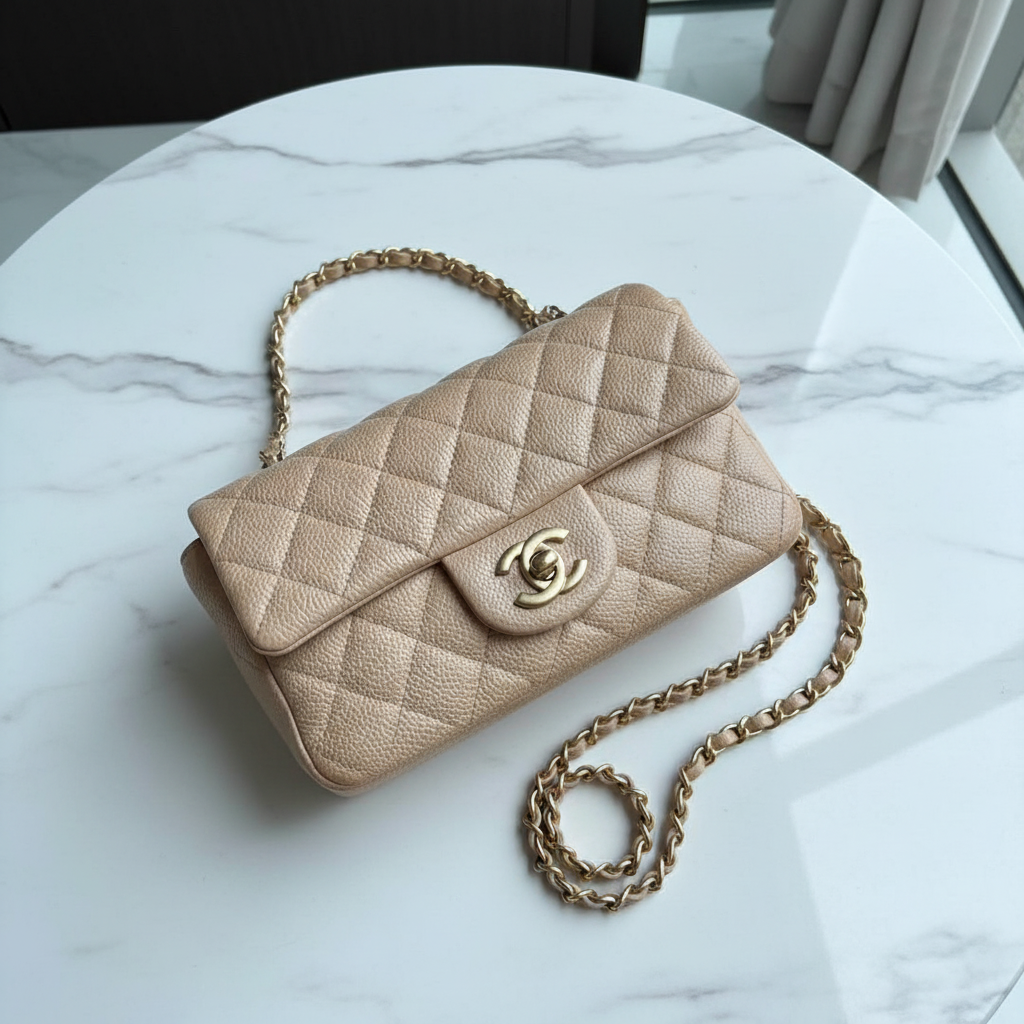 Chanel Mini Flap Beige GHW - Flat lay on marble