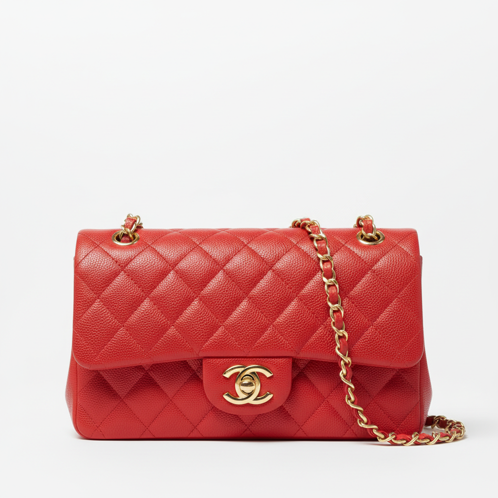 Chanel Classic Flap Bag red caviar leather gold hardware front view