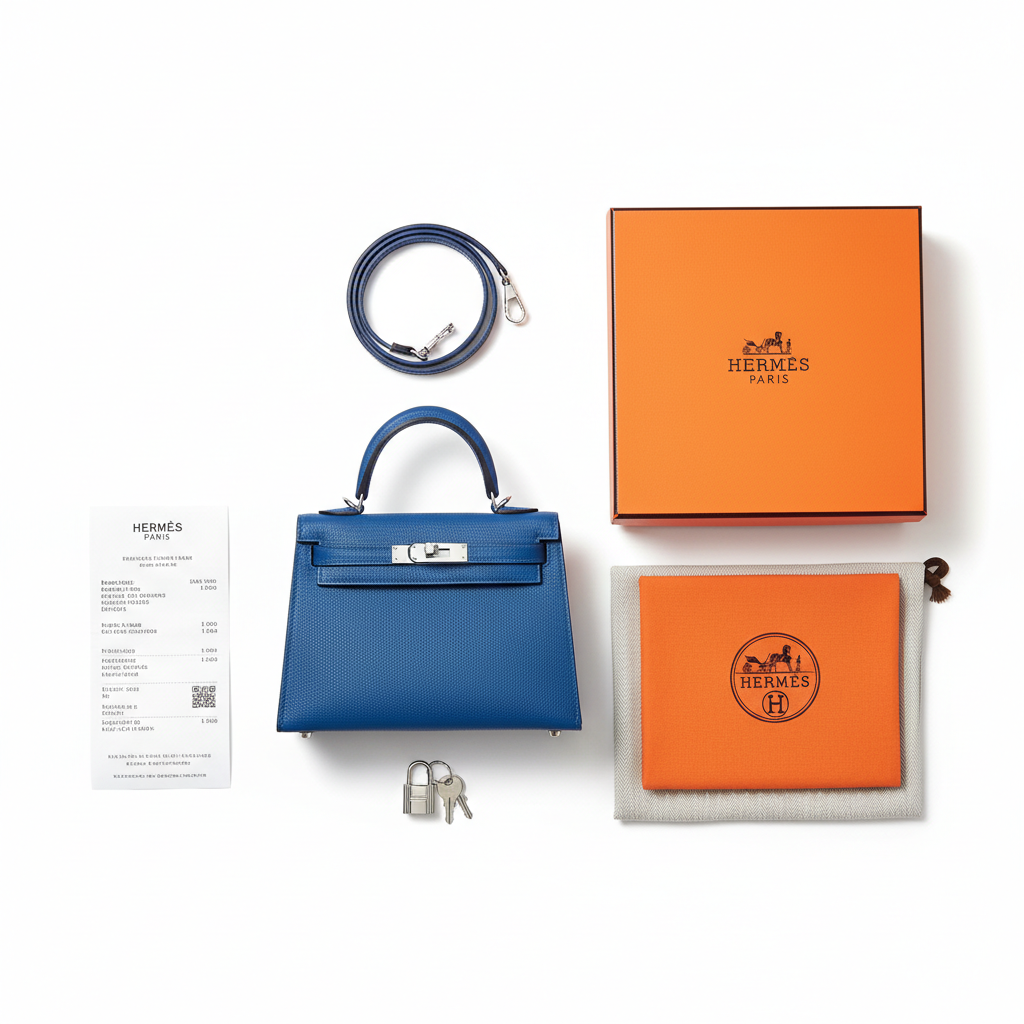 Hermès Kelly 25 Bleu Électrique Epsom PHW - Full Set Flat Lay