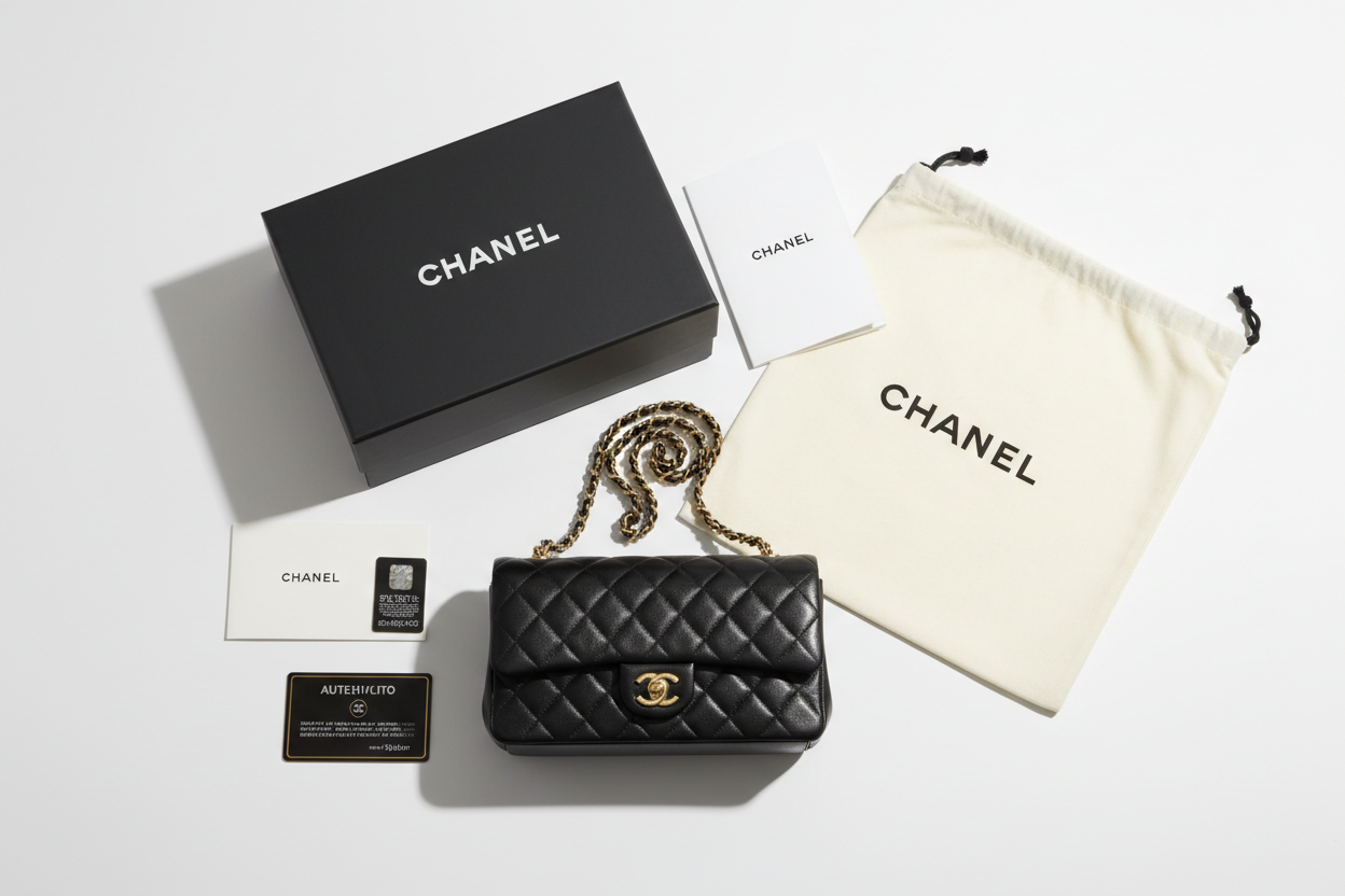 Chanel Classic Flap full set flat lay dust bag box authenticity card microchip