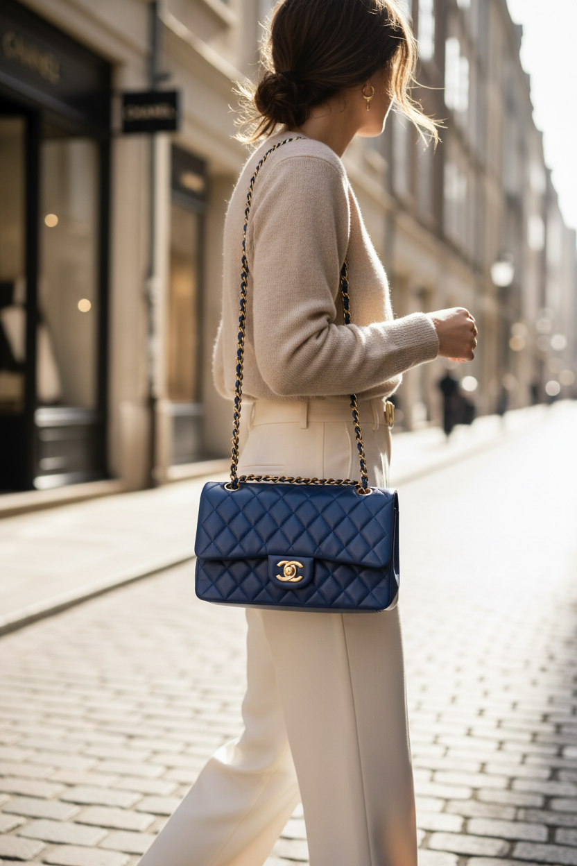 Chanel Classic Flap Medium Blue Lambskin Gold Hardware - Lifestyle Crossbody