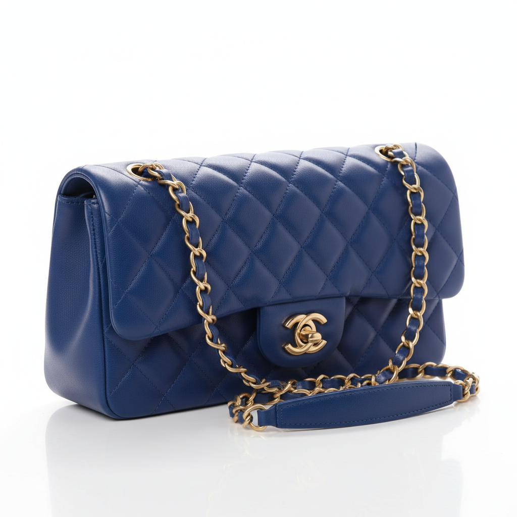 Chanel Classic Flap Medium Blue Lambskin Gold Hardware - Side Profile
