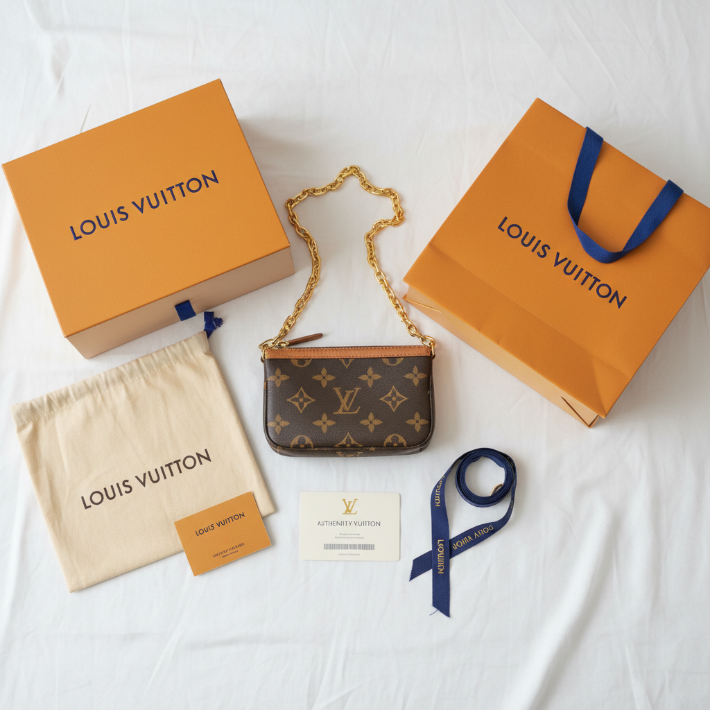 Louis Vuitton Vanity Chain Pouch Monogram - Full Set Flat Lay