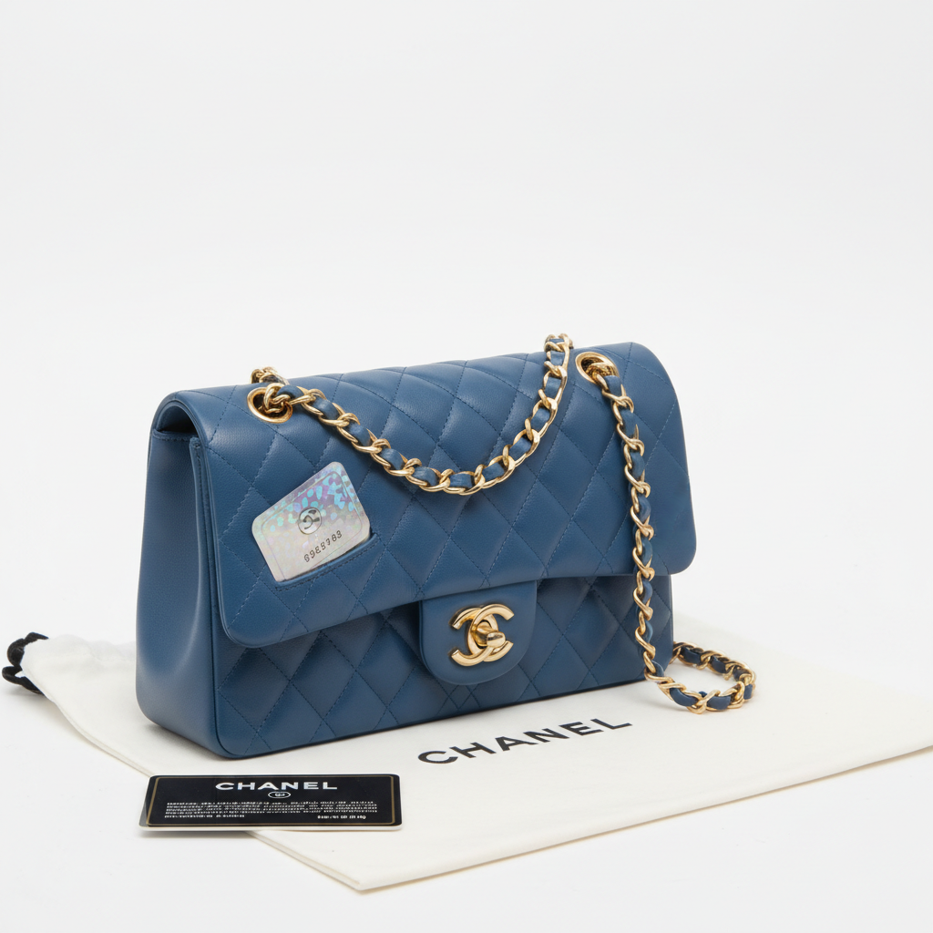 Chanel Classic Flap Medium Blue Lambskin Gold Hardware - With Holo Sticker Auth Card and Dust Bag