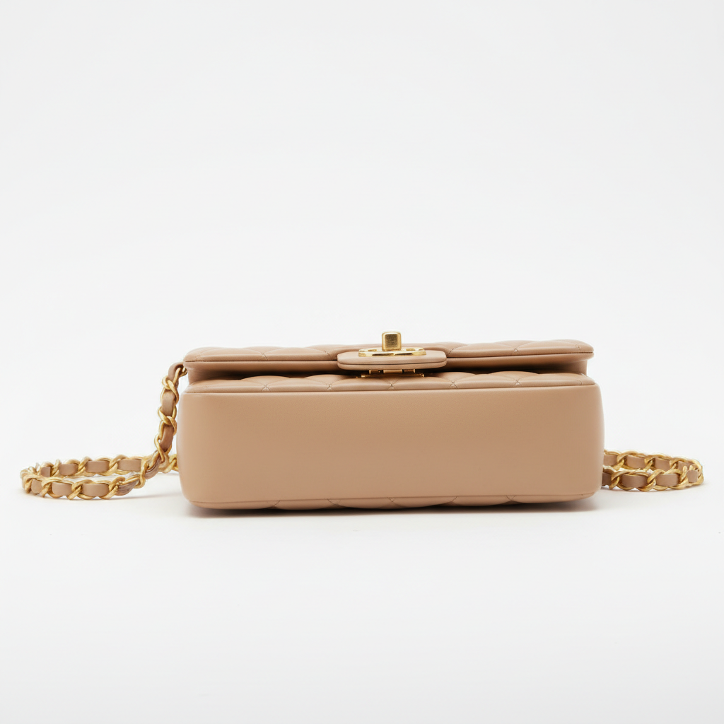 Chanel Classic Flap Mini Beige Lambskin Gold Hardware - Side Profile