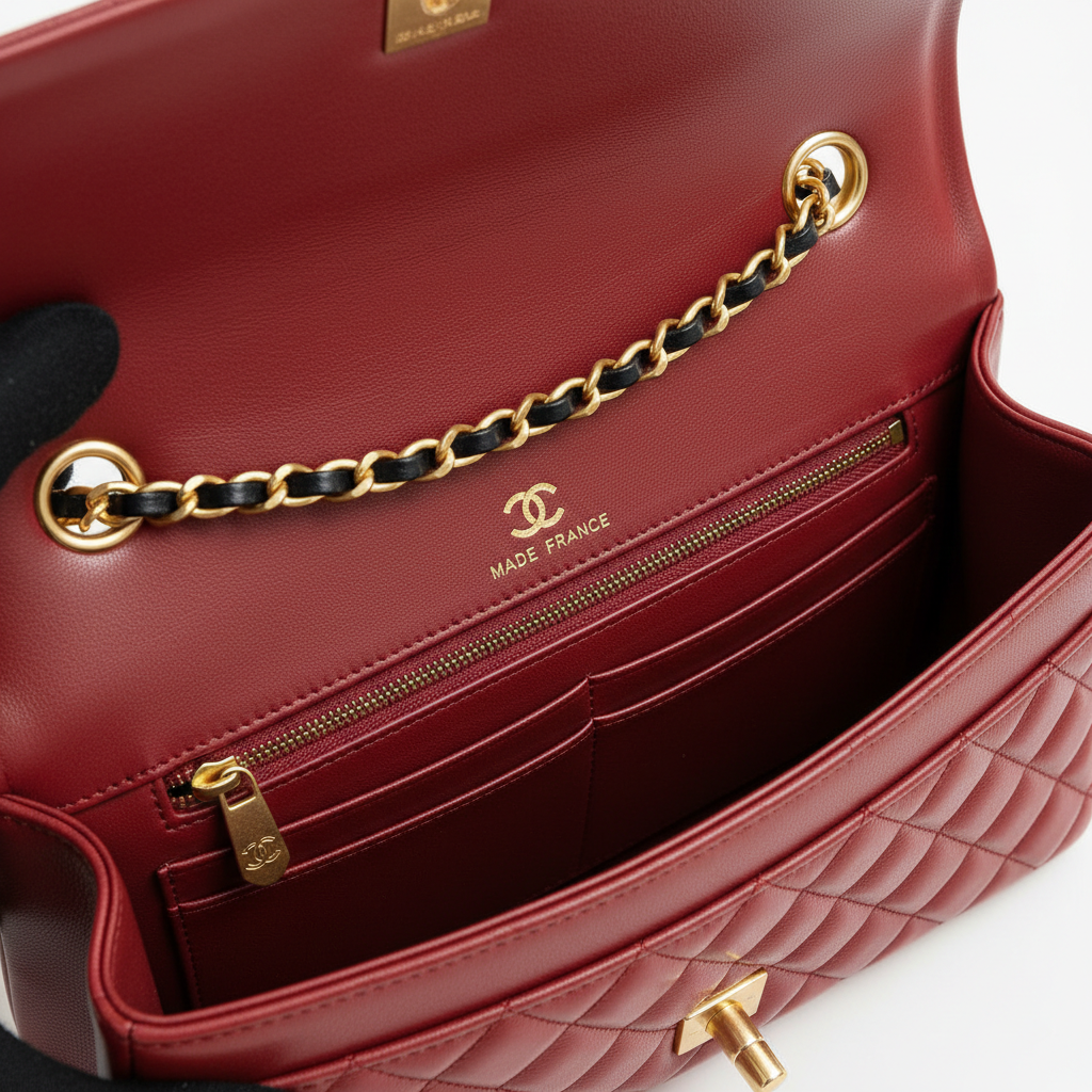 Chanel Classic Flap Bag interior red leather lining card slots
