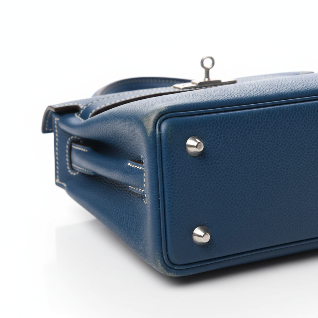 Hermès Kelly 25 Bleu Électrique Epsom PHW - Corner Stitching Detail