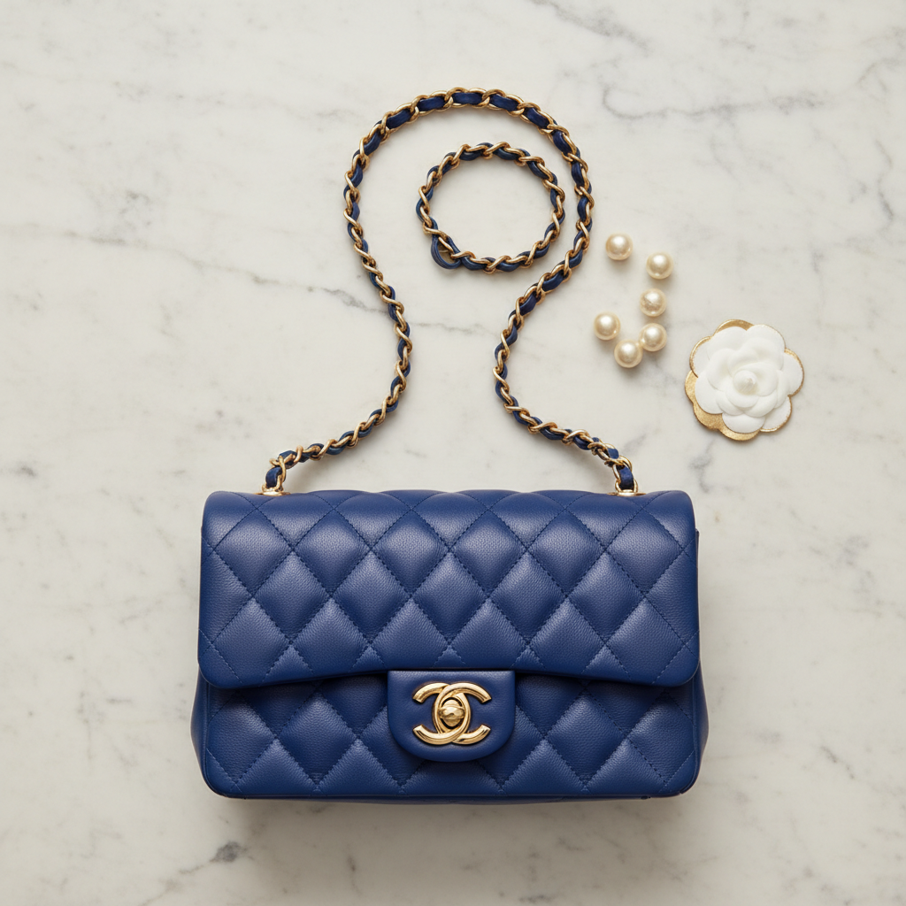 Chanel Classic Flap Medium Blue Lambskin Gold Hardware - Flat Lay Editorial