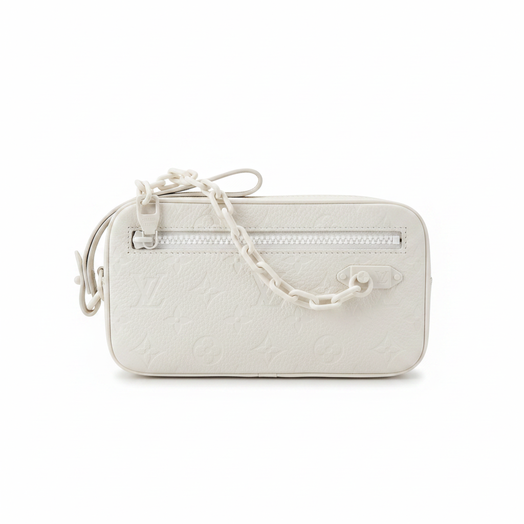 Louis Vuitton Volga Clutch in white monogram embossed leather with silver chain strap