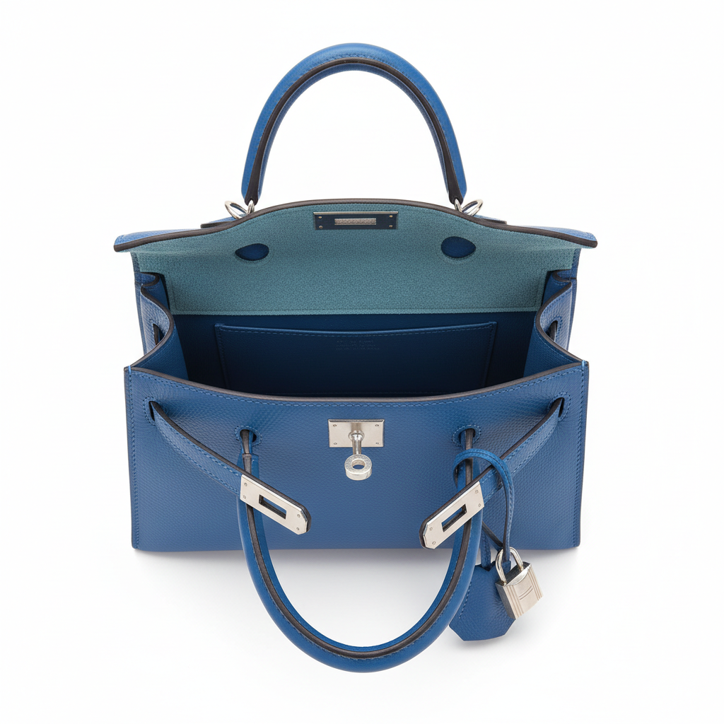 Hermès Kelly 25 Bleu Électrique Epsom PHW - Interior Top View