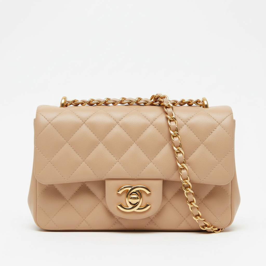 Chanel Classic Flap Mini Beige Lambskin Gold Hardware - Front View