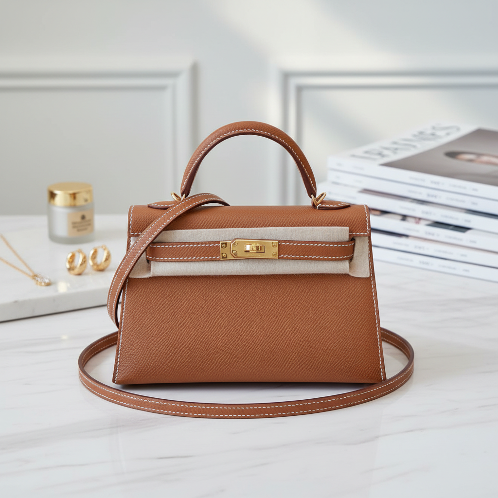Hermès Mini Kelly 20 Gold Epsom GHW - Marble flat lay