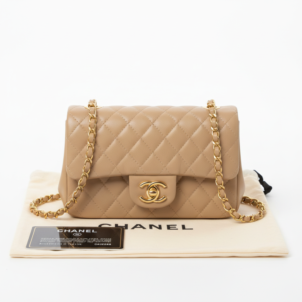 Chanel Classic Flap Mini Beige Lambskin Gold Hardware - With Dust Bag and Authenticity Card
