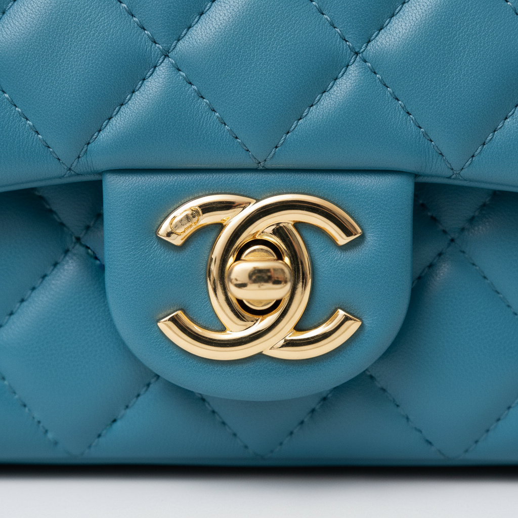 Chanel Classic Flap Medium Blue Lambskin Gold Hardware - Hardware Close-Up