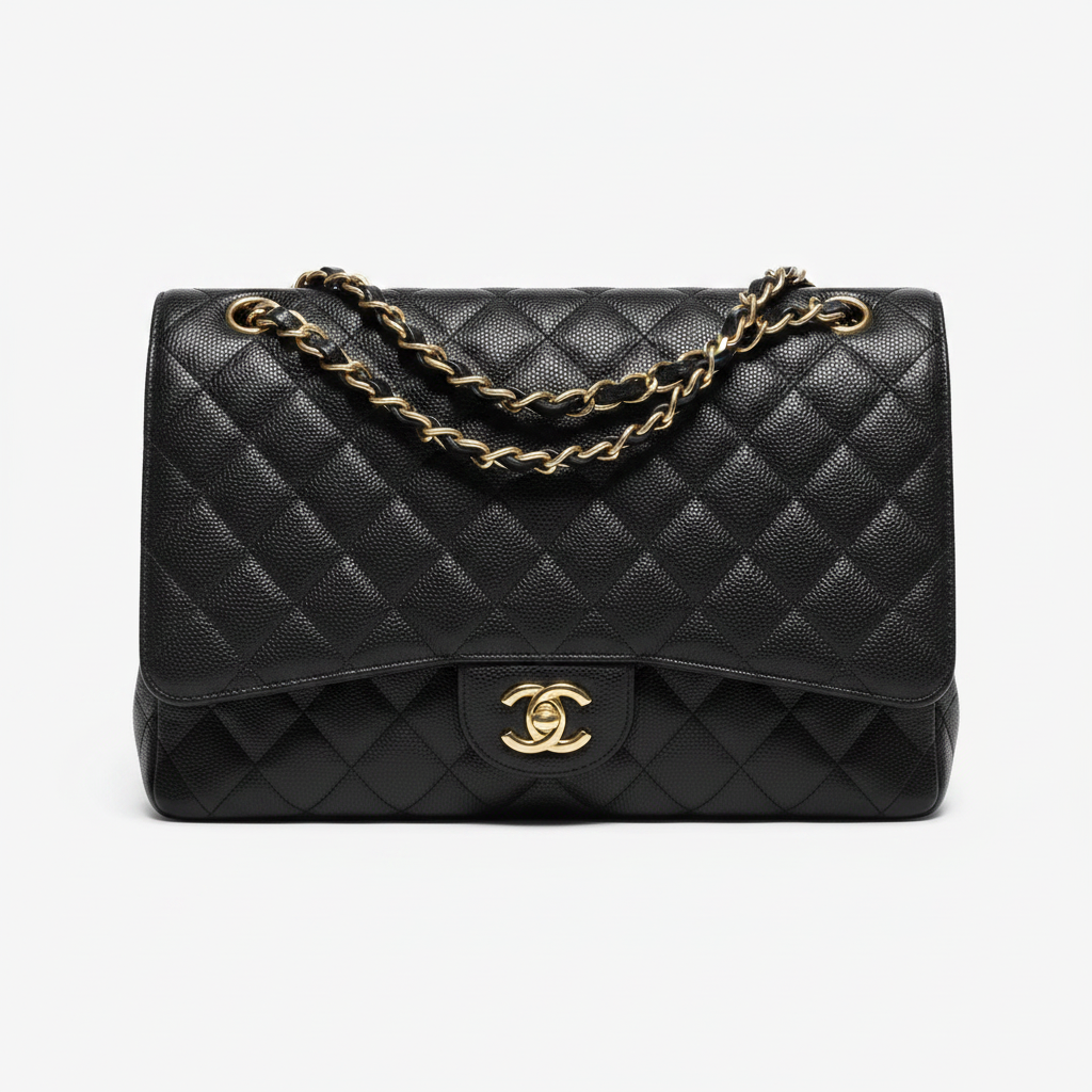 Chanel Maxi Single Flap – front view, black caviar leather, gold hardware
