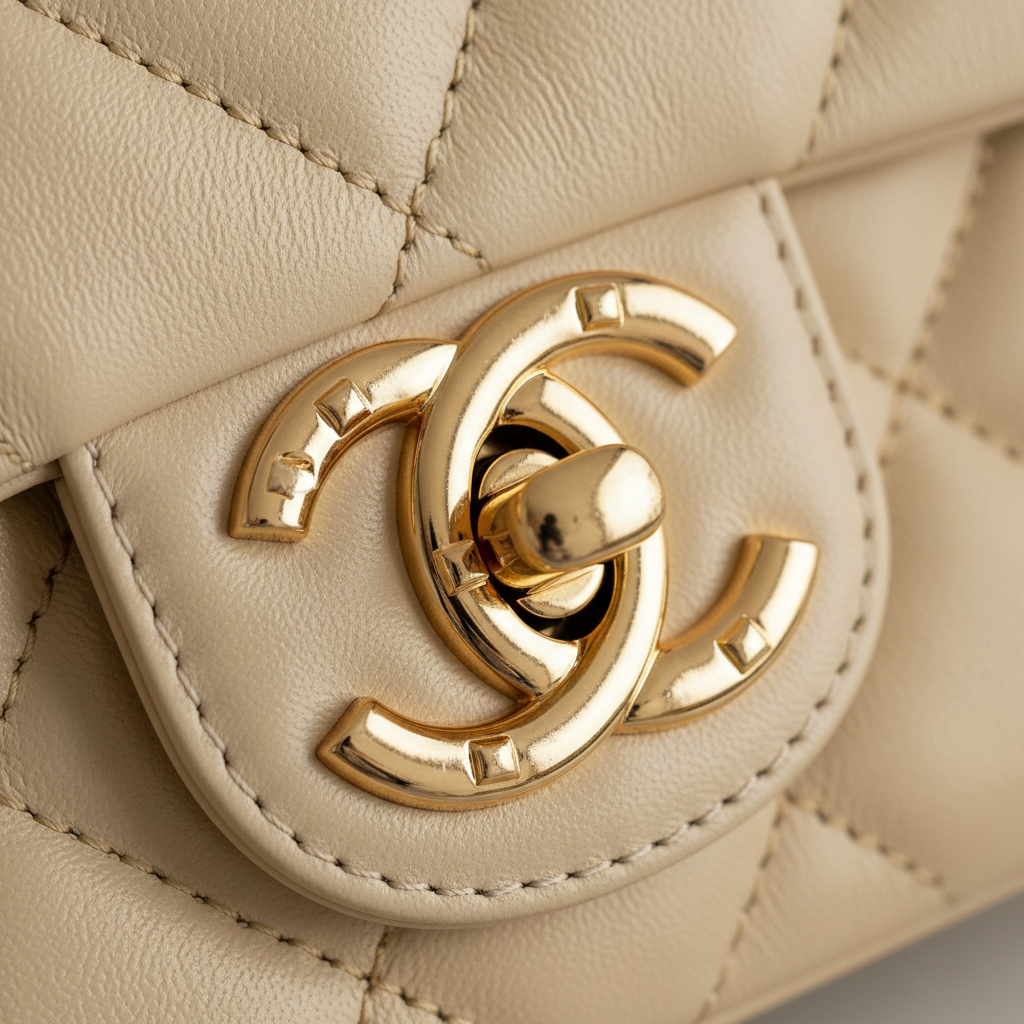 Chanel CC turn-lock hardware close-up quilted caviar leather detail