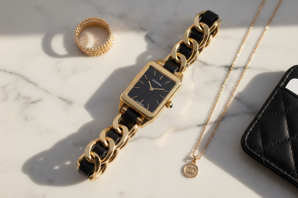 Chanel Première M Watch marble flat lay lifestyle