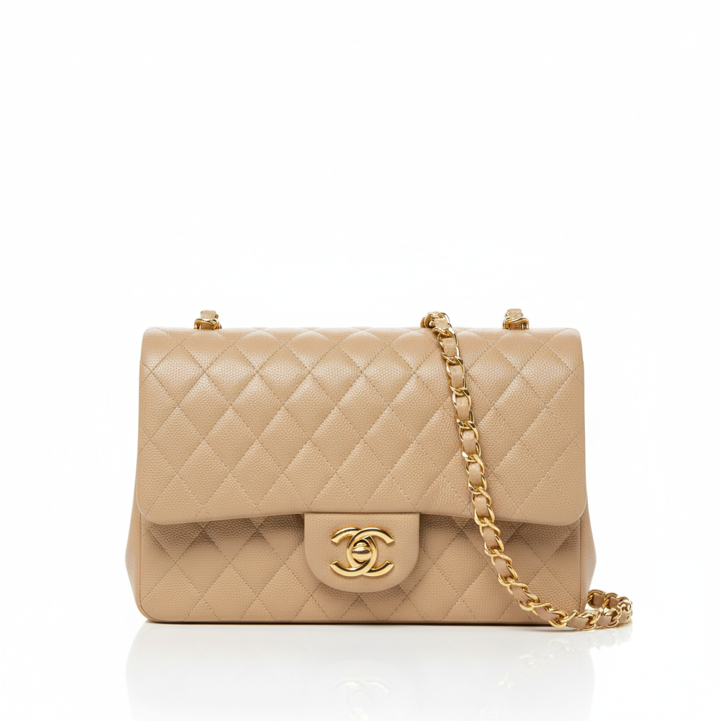 Chanel Classic Flap Bag beige caviar leather gold hardware front view