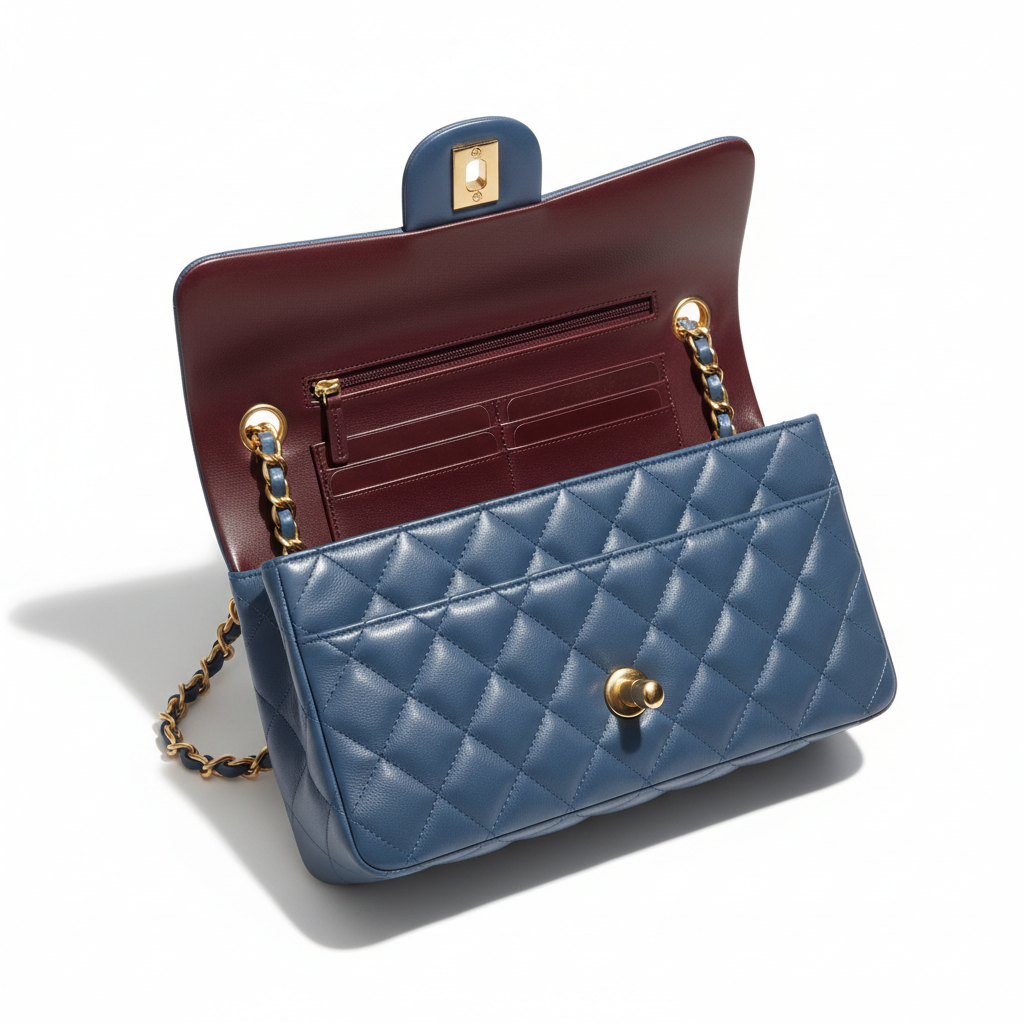 Chanel Classic Flap Medium Blue Lambskin Gold Hardware - Interior Open
