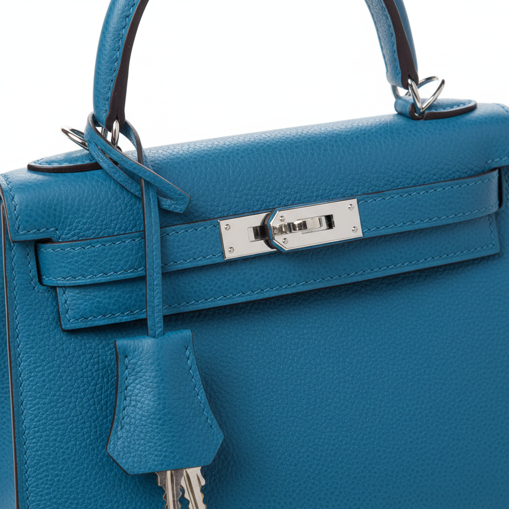Hermès Kelly 25 Bleu Électrique Epsom PHW - Hardware & Clochette Detail