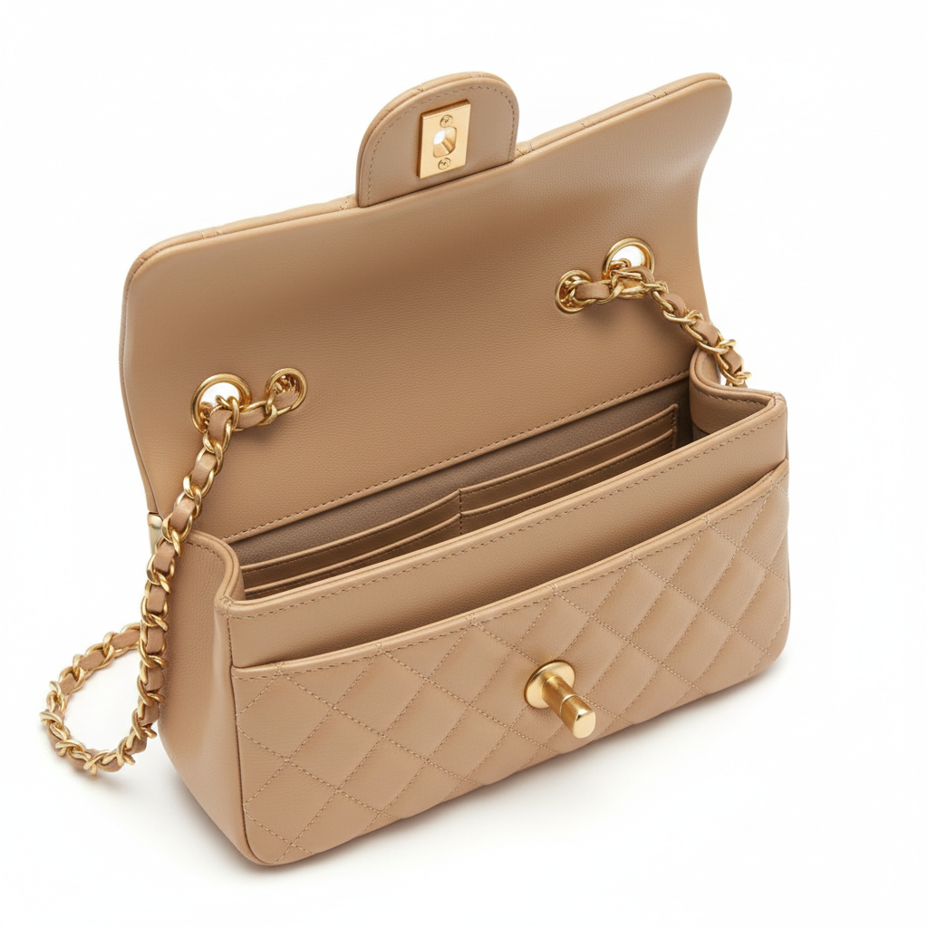 Chanel Classic Flap Mini Beige Lambskin Gold Hardware - Interior Open