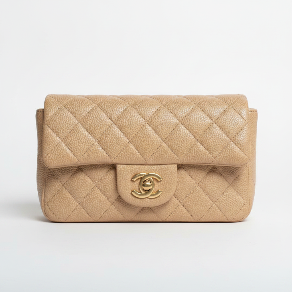 Chanel Mini Flap Beige GHW - CC clasp close-up