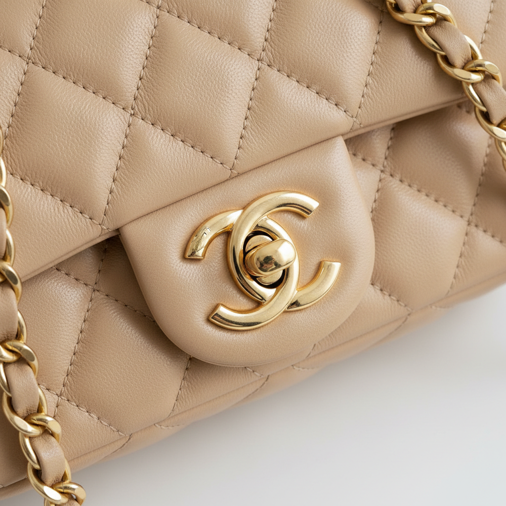 Chanel Classic Flap Mini Beige Lambskin Gold Hardware - Hardware Close-Up