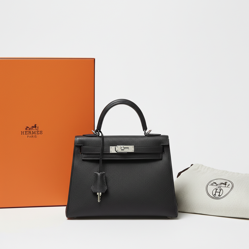 Hermès Kelly 25 Togo Black - Front view with full set