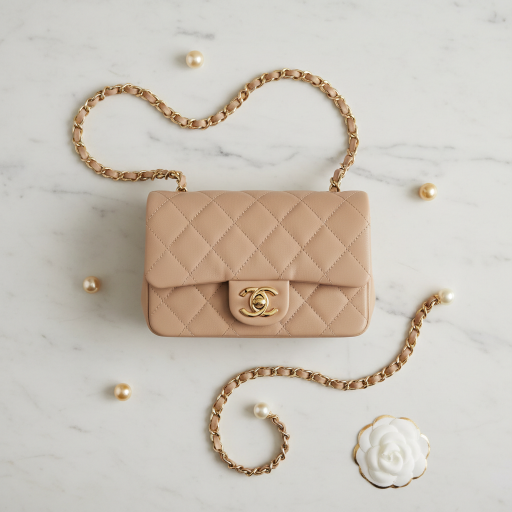 Chanel Classic Flap Mini Beige Lambskin Gold Hardware - Flat Lay Editorial