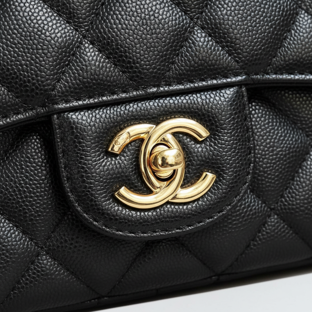 Chanel Maxi Single Flap – CC turn-lock gold hardware close-up